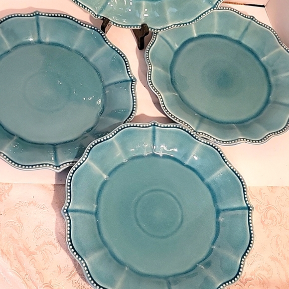 PIONEER  WOMAN  SET OF 4 DINNER PLATES PAIGE DENIM PATTERN SCALLOPED EDGES - Picture 3 of 5